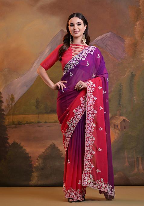 Pink Sequin Embroidered Pure Georgette Saree Set