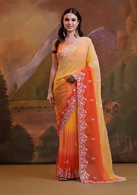 Yellow Sequin Embroidered Pure Georgette Saree Set