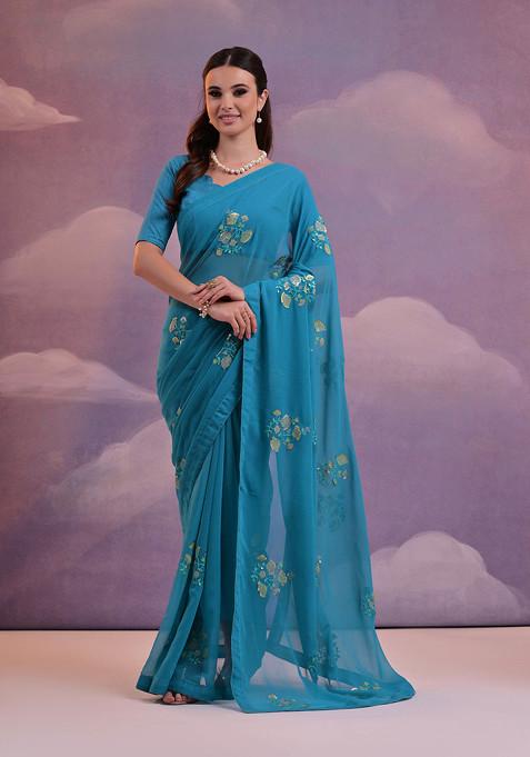 Blue Sequin Embroidered Pure Georgette Saree Set