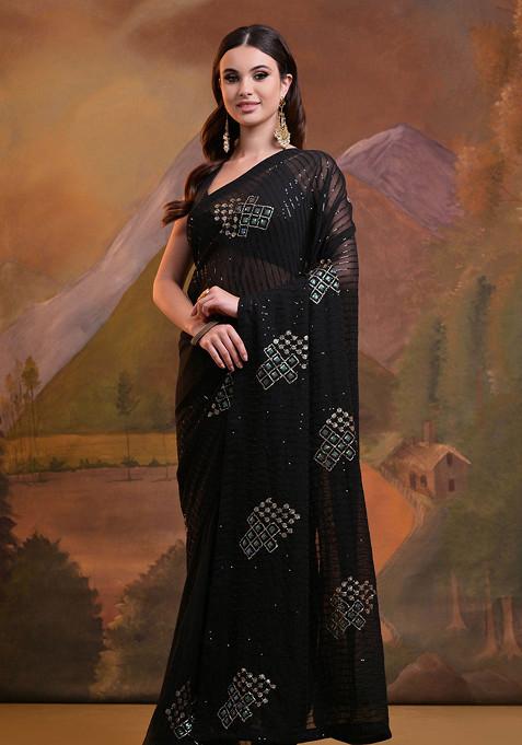 Black Sequin Embroidered Pure Georgette Saree Set