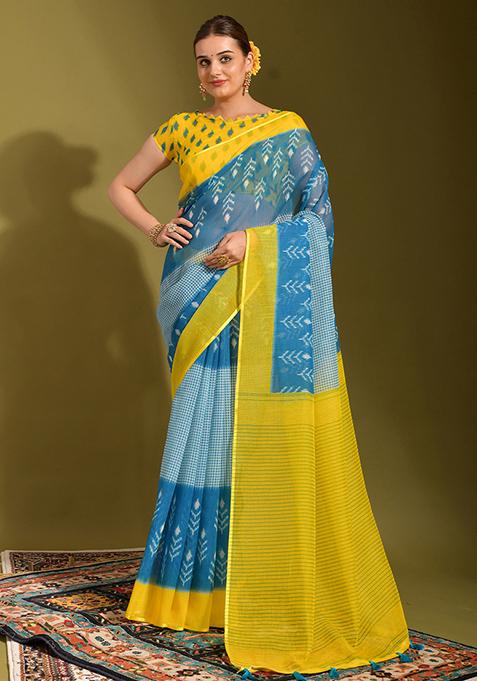 Yellow And Blue Printed Linen Blend Saree Set