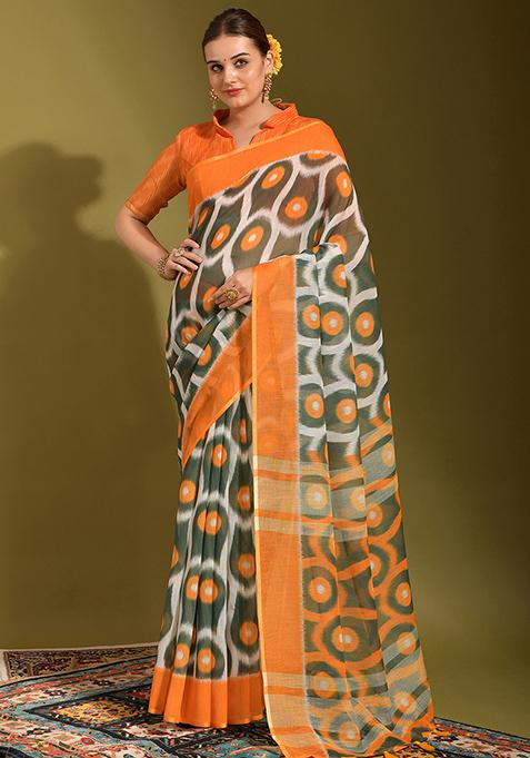 Orange And Green Printed Linen Blend Saree Set