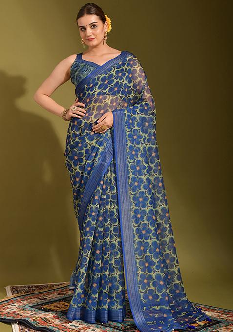 Blue And Green Printed Linen Blend Saree Set