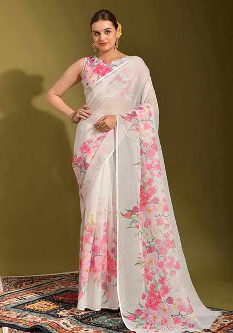 White And Pink Printed Linen Blend Saree Set