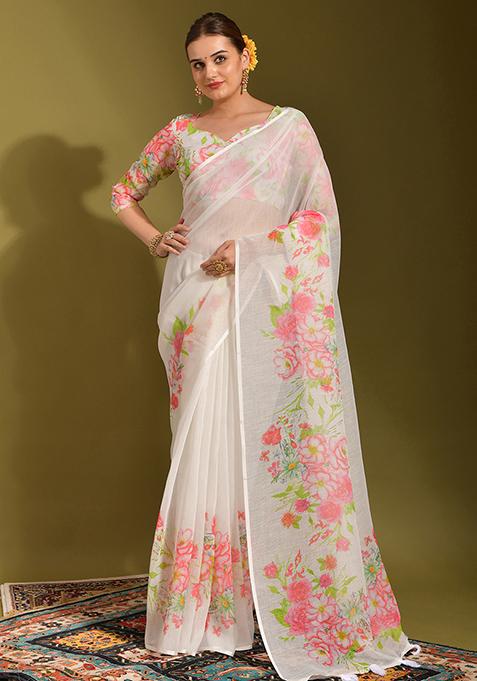 White And Pink Printed Linen Blend Saree Set