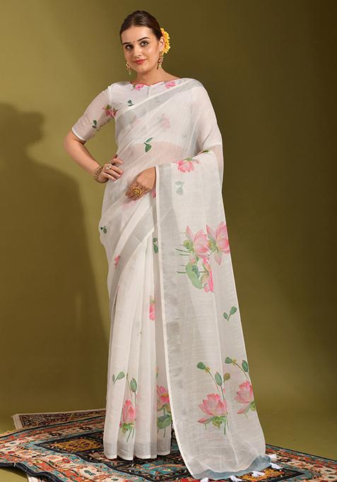 White And Pink Printed Linen Blend Saree Set