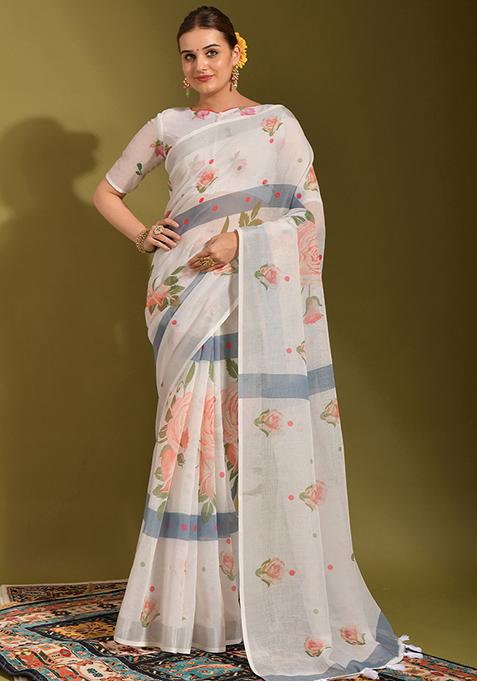 White And Peach Printed Linen Blend Saree Set