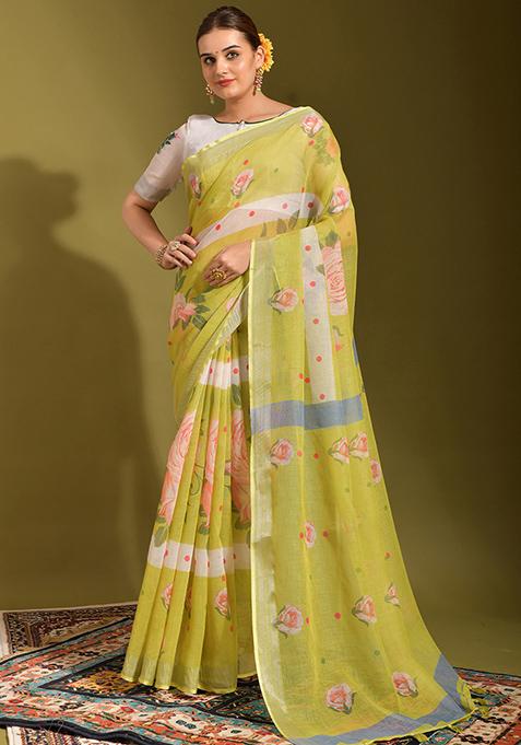 Yellow And White Printed Linen Blend Saree Set