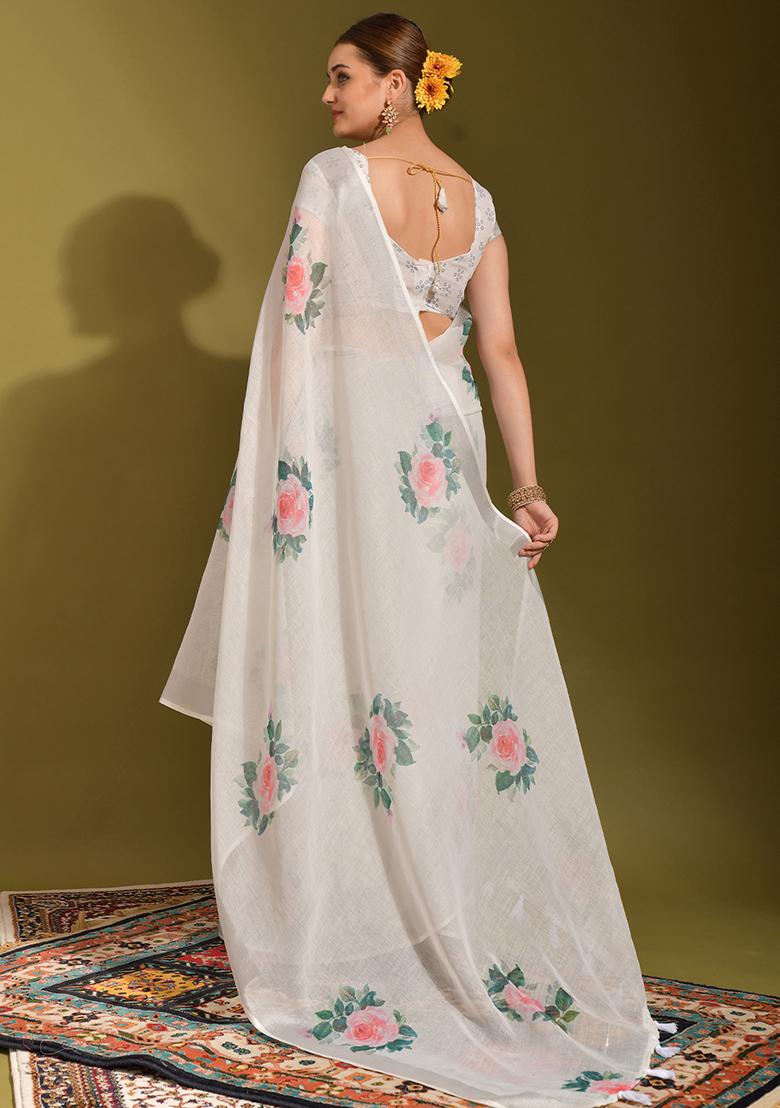White And Multi Printed Linen Blend Saree Set