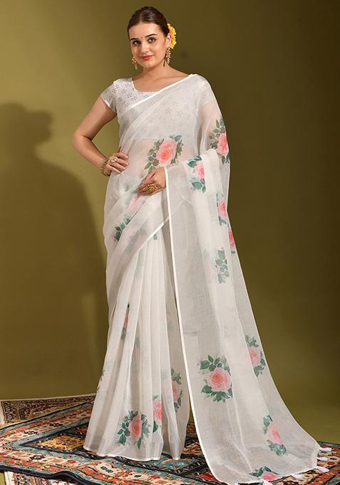 White And Multi Printed Linen Blend Saree Set