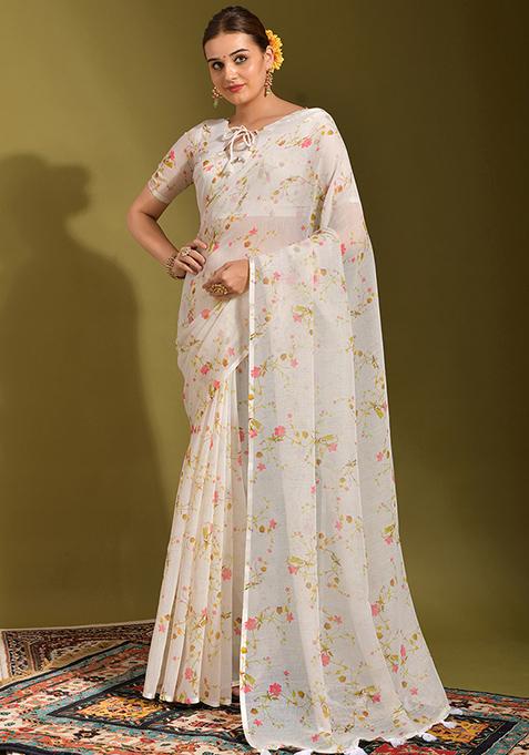 White And Yellow Printed Linen Blend Saree Set