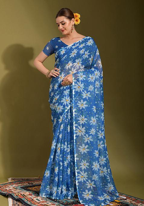 Blue And White Printed Linen Blend Saree Set