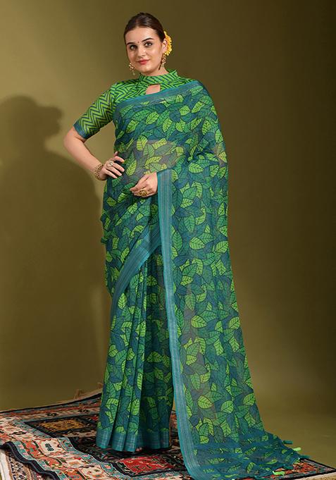 Green And Blue Printed Linen Blend Saree Set