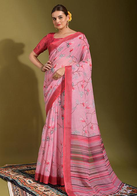 Red And Pink Printed Linen Blend Saree Set