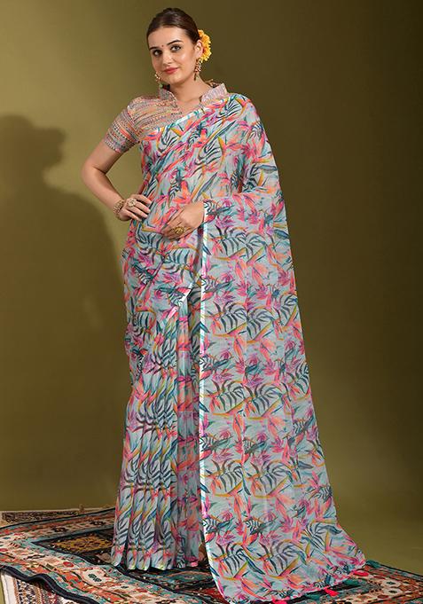 Multi Colour Printed Linen Blend Saree Set