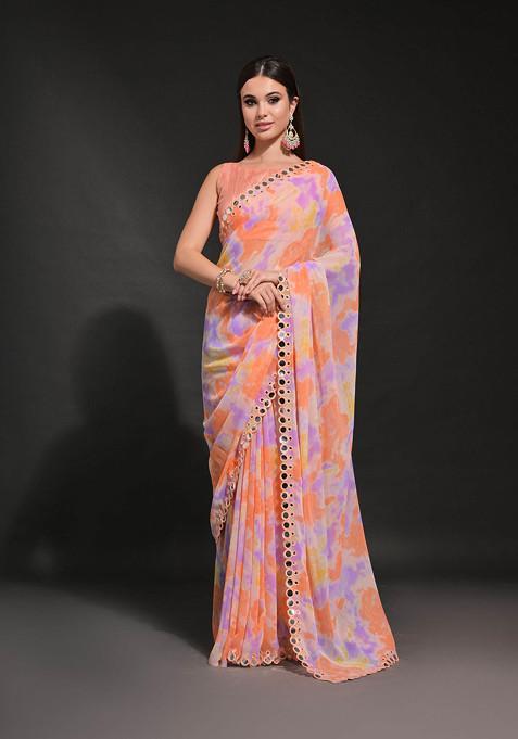 Orange Mirror Work Pure Georgette Saree Set