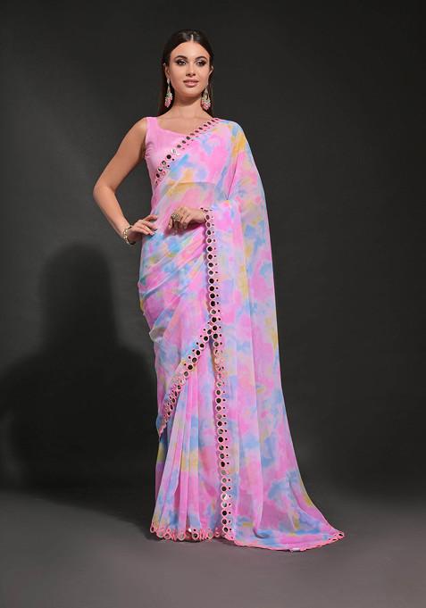 Pink Mirror Work Pure Georgette Saree Set