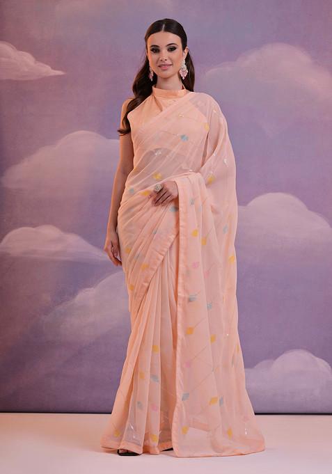 Peach Sequin Embroidered Pure Georgette Saree Set