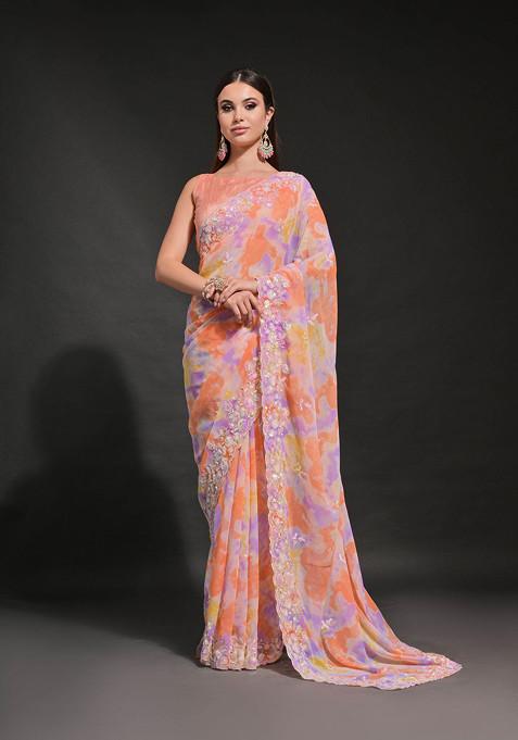 Orange Sequin Embroidered Pure Georgette Saree Set