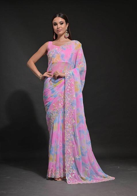 Pink Sequin Embroidered Pure Georgette Saree Set