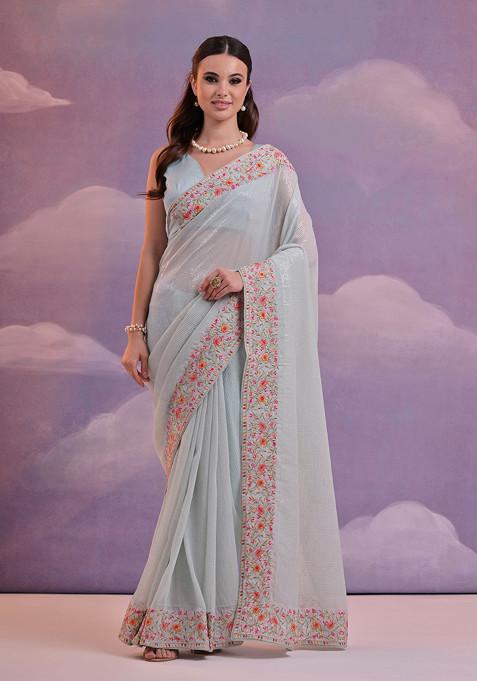 Blue Sequin Embroidered Pure Georgette Saree Set