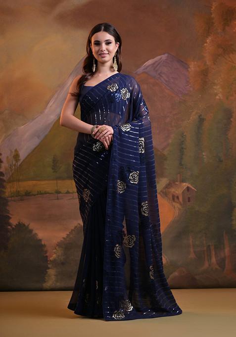 Navy Blue Sequin Embroidered Pure Georgette Saree Set