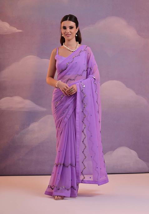 Lavender Sequin Embroidered Pure Georgette Saree Set