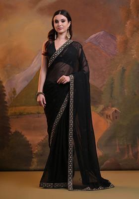 Black Sequin Embroidered Pure Georgette Saree Set