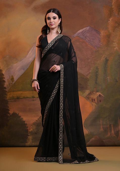 Black Sequin Embroidered Pure Georgette Saree Set