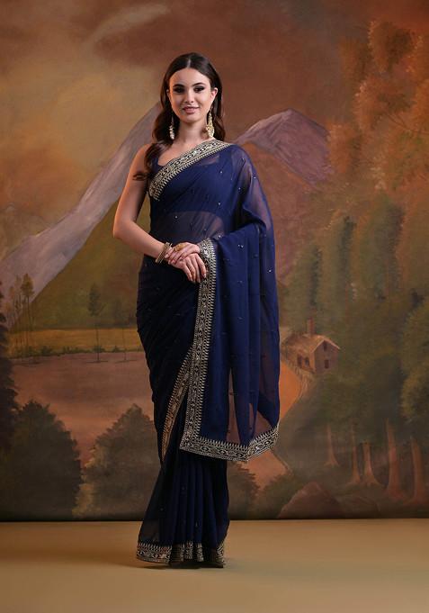 Navy Blue Sequin Embroidered Pure Georgette Saree Set