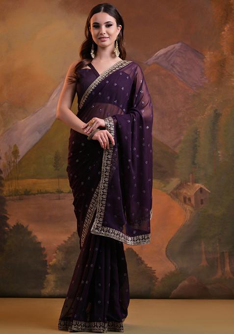 Wine Sequin Embroidered Pure Georgette Saree Set