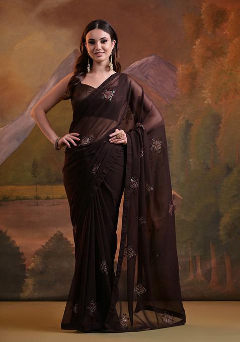 Brown Sequin Embroidered Pure Georgette Saree Set