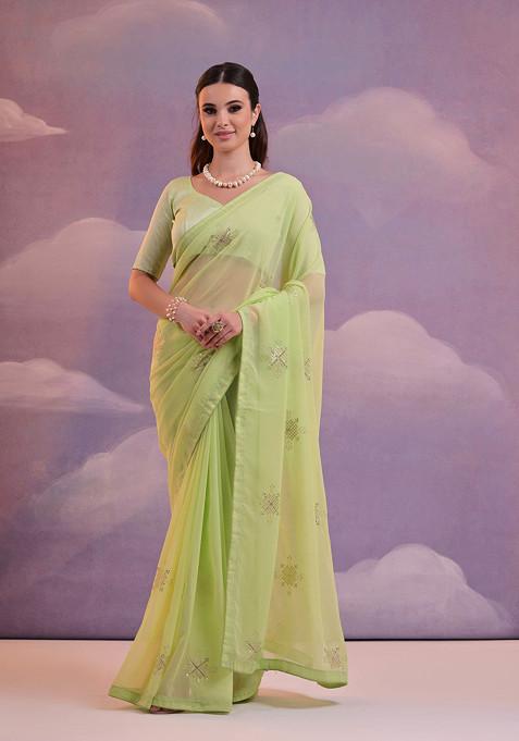 Pista Green Sequin Embroidered Pure Georgette Saree Set