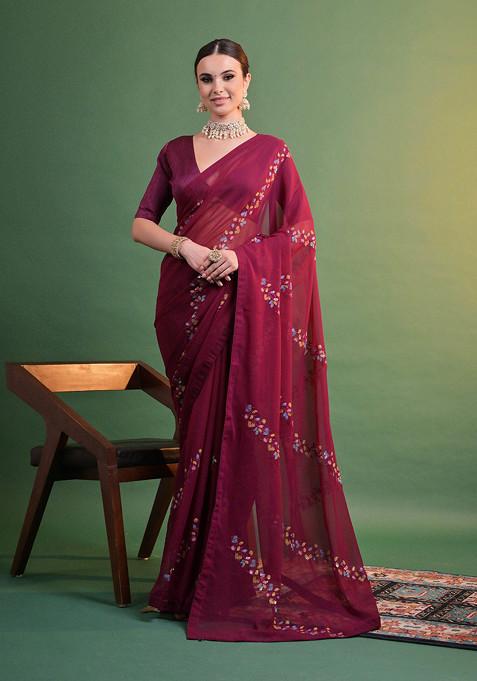 Wine Sequin Embroidered Pure Georgette Saree Set