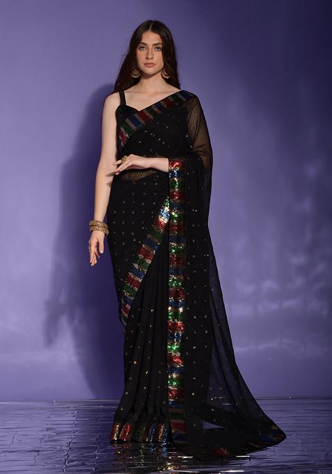 Black Sequin Embellished Pure Georgette Saree Set