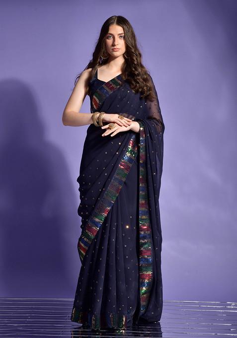 Navy Blue Sequin Embellished Pure Georgette Saree Set