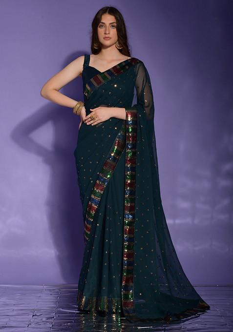 Teal Blue Sequin Embellished Pure Georgette Saree Set