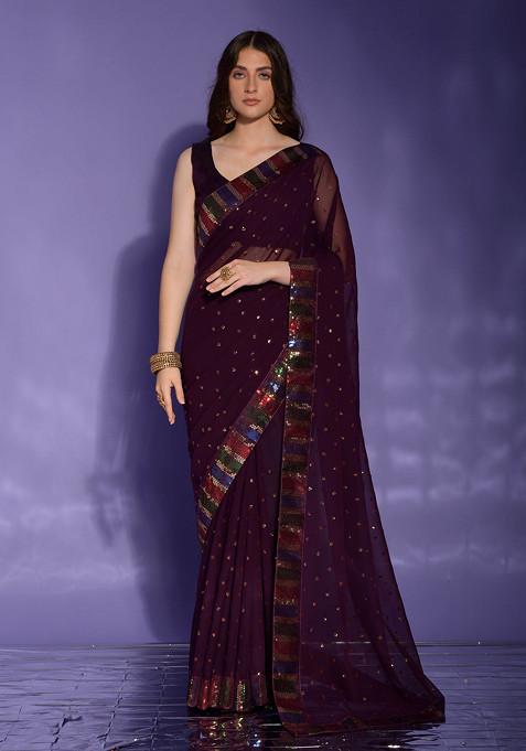 Wine Sequin Embellished Pure Georgette Saree Set