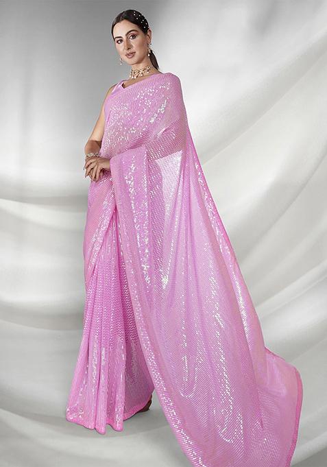 Pink Sequin Embellished Pure Georgette Saree Set