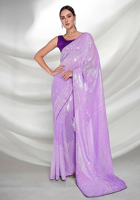 Purple Sequin Embellished Pure Georgette Saree Set