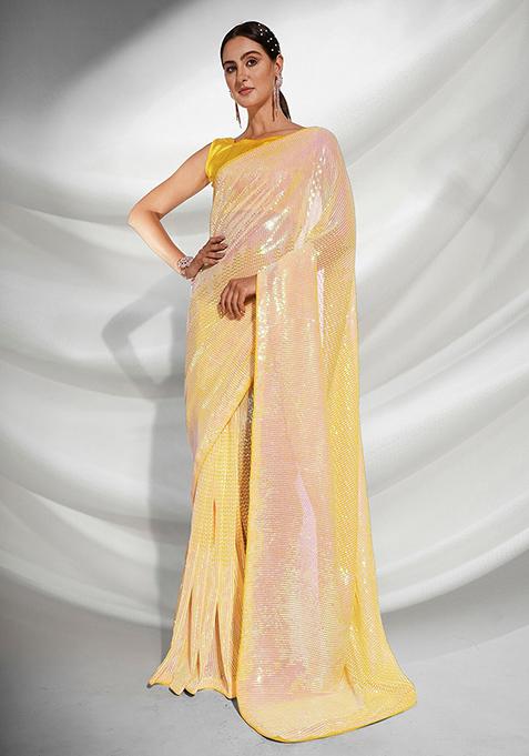 Yellow Sequin Embellished Pure Georgette Saree Set