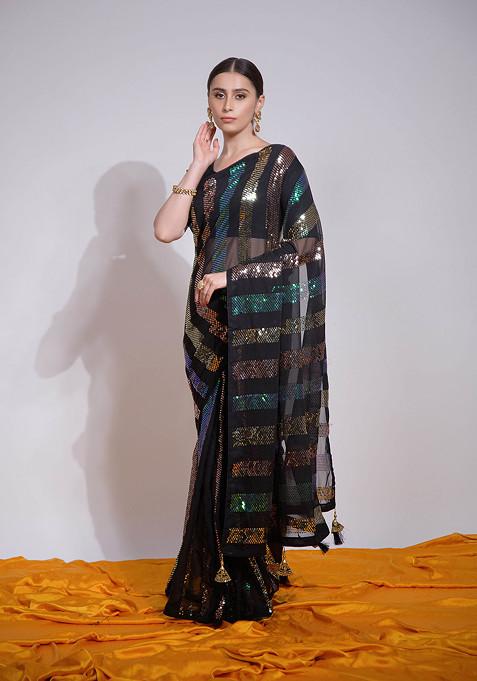 Black Sequin Embroidered Pure Georgette Saree Set