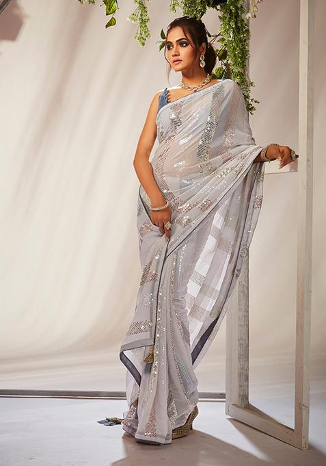 Grey Sequin Embroidered Pure Georgette Saree Set