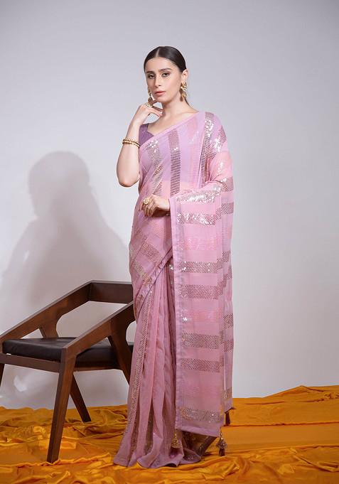 Pink Sequin Embroidered Pure Georgette Saree Set