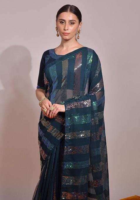 Teal Blue Sequin Embroidered Pure Georgette Saree Set