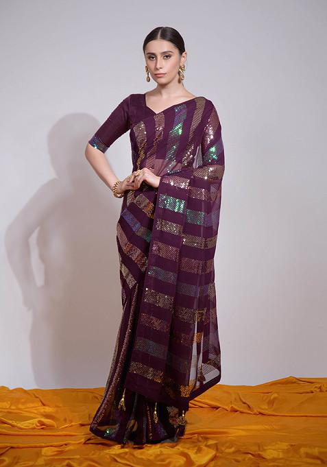 Wine Sequin Embroidered Pure Georgette Saree Set