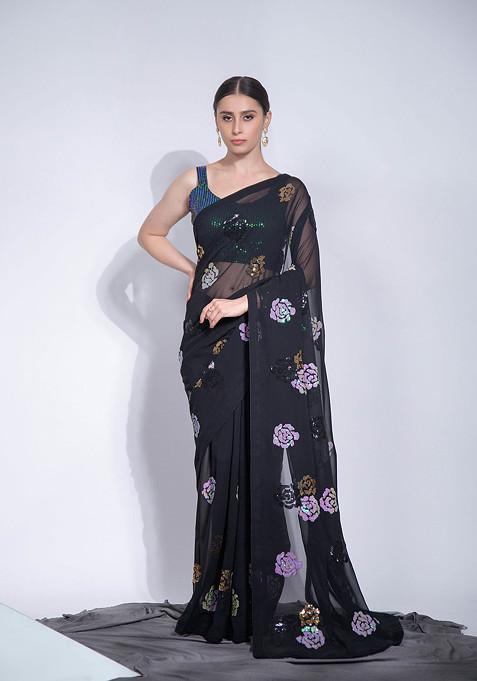 Black Sequin Embellished Poly Georgette Saree Set