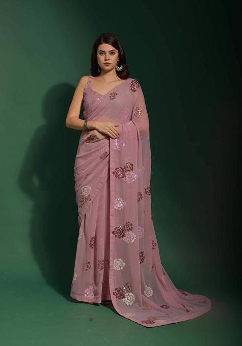 Pink Sequin Embellished Poly Georgette Saree Set