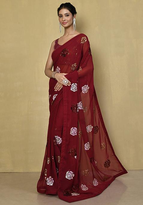 Maroon Sequin Embellished Poly Georgette Saree Set