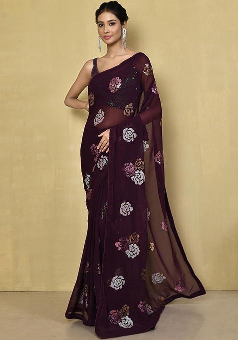 Wine Sequin Embellished Poly Georgette Saree Set